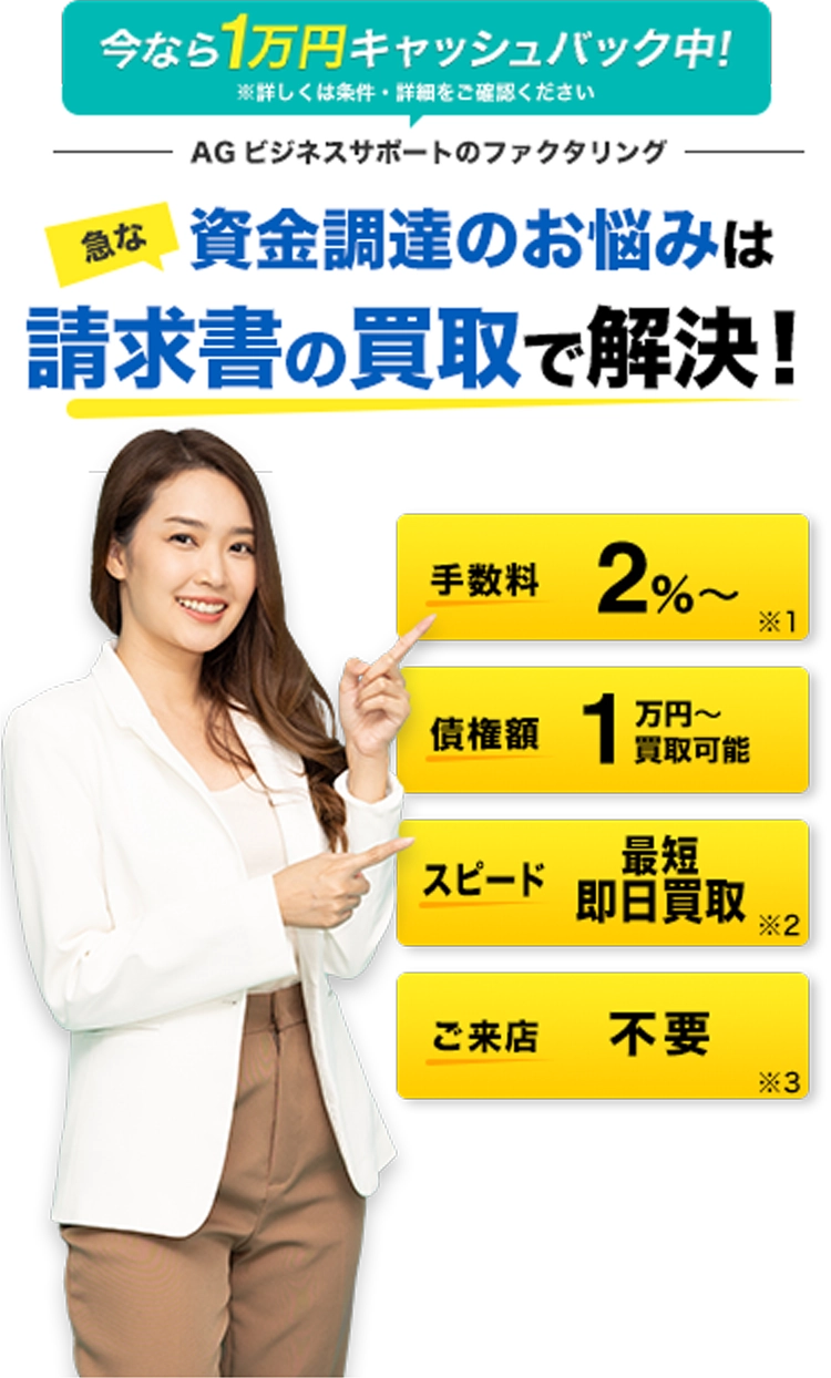 AGビジネスサポートのファクタリング 急な資金調達のお悩みは請求書の買取で解決！ 手数料2%※1 債権1万円～買取可能 スピード最短即日買取※2 ご来店不要※3