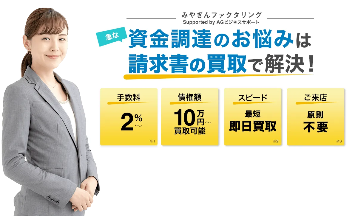 みやぎんファクタリング Supported by AGビジネスサポート 急な資金調達のお悩みは請求書の買取で解決！ 手数料2%※1 債権10万円～買取可能 スピード最短即日買取※2 ご来店不要※3